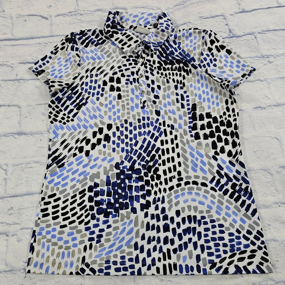 Chicos Zenergy Golf Polo Shirt WOMEN 0 US XS Blue Abstract Performance Top